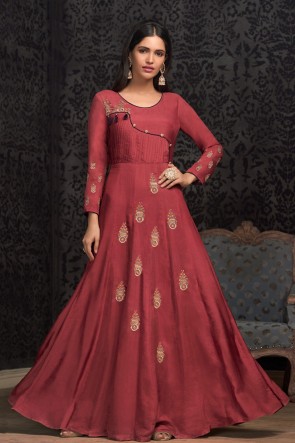 Party Wear Rust Embroidered Muslin Gown