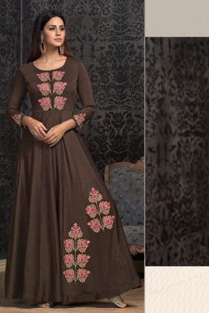 Lovely Embroidered Brown Muslin Designer Gown