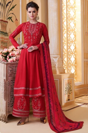 Red Maslin Fabric Embroidery Work Designer Plazzo Suit And Dupatta