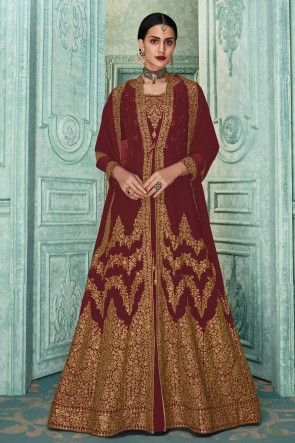Embroidered Designer Embroidered Maroon Faux Georgette Anarkali Suit And Dupatta