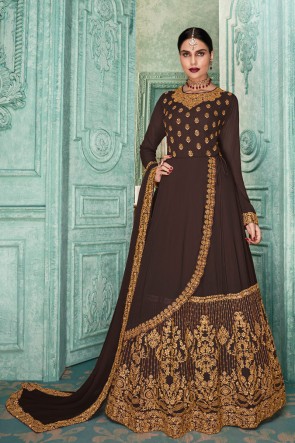 Charming Brown Embroidered Faux Georgette Anarkali Suit And Dupatta