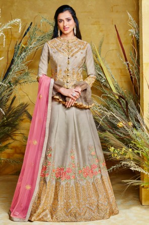 Embroidered Designer Silver Net And Silk Anarkali Suit And Dupatta