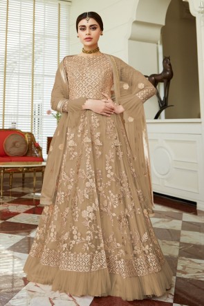 Charming Beige Embroidered Net Anarkali Suit And Dupatta