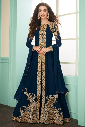 Charming Navy Blue Embroidered Georgette Anarkali Suit With Chinon Dupatta