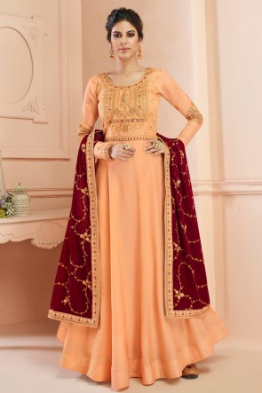 Charming Peach Embroidered Silk Anarkali Suit With Georgette Dupatta