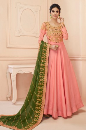 Beautiful Light Pink Embroidered Designer Silk Anarkali Suit With Georgette Dupatta