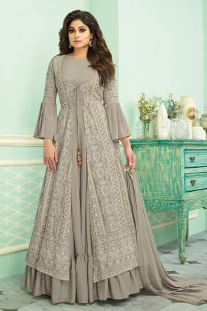 Shamita Shetty Embroidered Grey Georgette Fabric Anarkali Suit With Chinon Dupatta