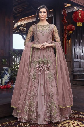 Wine Net Embroidered Abaya Style Anarkali Suit And Dupatta