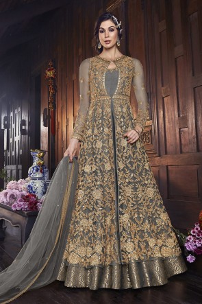 Grey Net Embroidered Abaya Style Anarkali Suit And Dupatta
