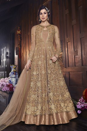 Golden Net Embroidered Abaya Style Anarkali Suit And Dupatta