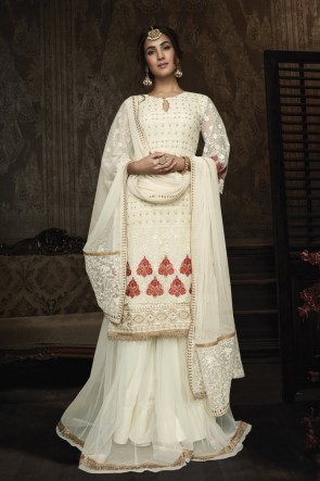 Sonal Chauhan Designer White Embroidered Georgette Plazzo Suit With Net Dupatta